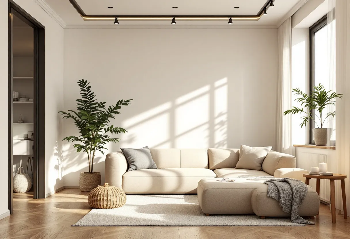 Kırık beyaz duvarlı, açık meşe zeminli aydınlık modern salon